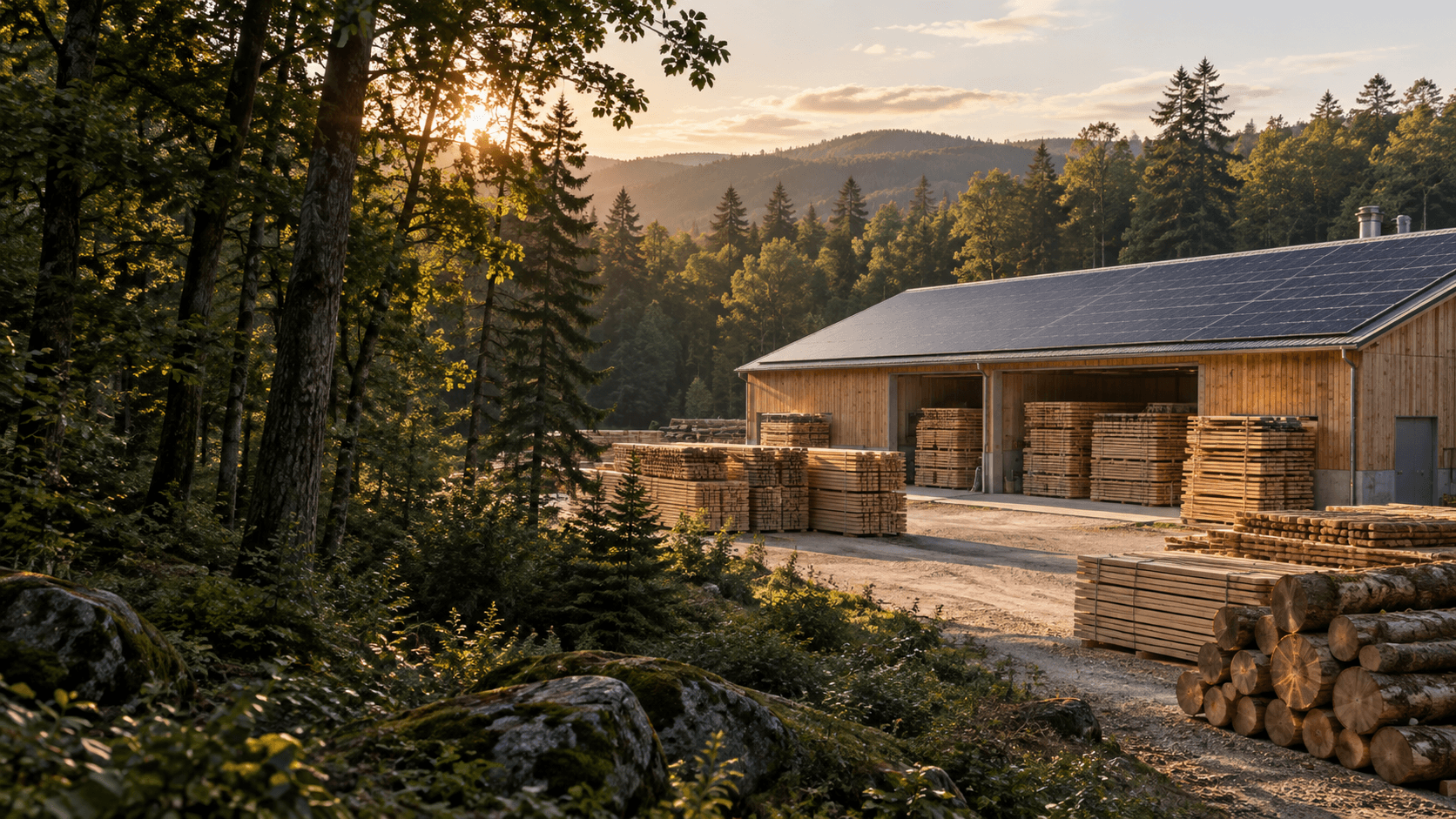 Bâtiment de séchage à toiture solaire, bois empilé et forêt — illustration